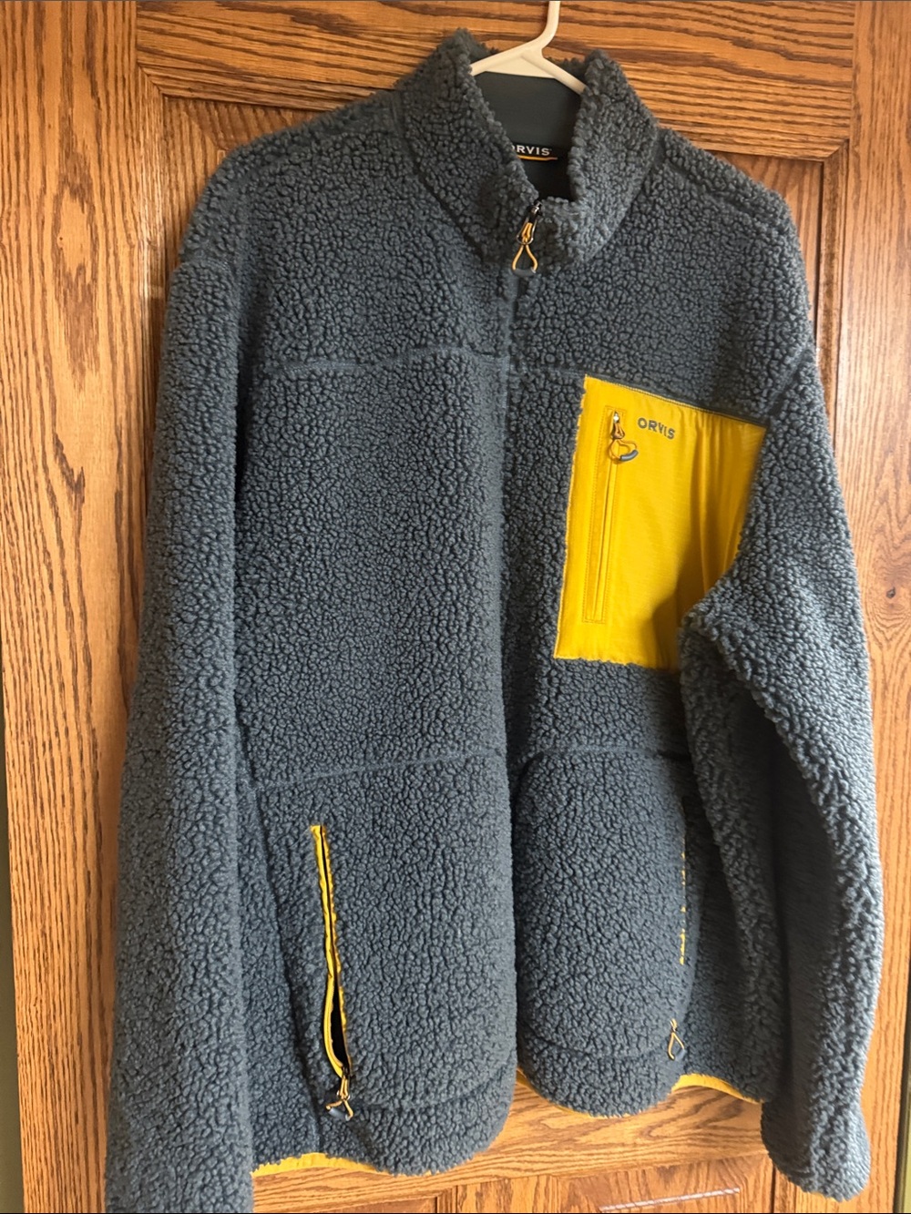 Orvis Men's Gray Sherpa Jacket with Yellow Chest Pocket Accents